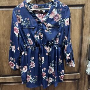 J for Justify Navy Floral V-Neck Blouse Tunic Top XL Gold Zippers Polyester